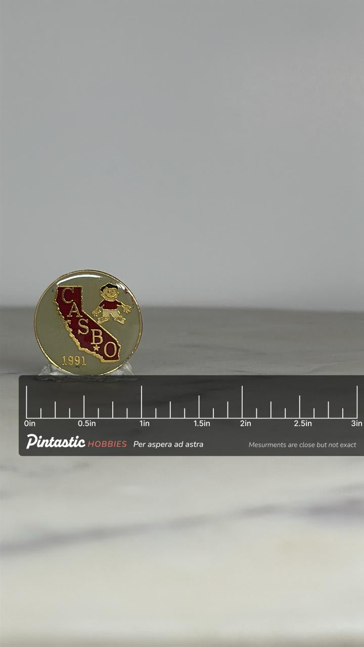 CASBO California Enamel Pin: Gold Red Map Design - 1991 Accessory with ruler overlay for size reference