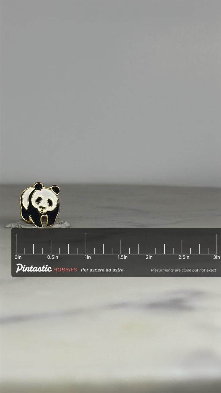 Panda Bear Enamel Pin: Black & White Gold Trim - Vintage Animal Accessory with ruler overlay for size reference
