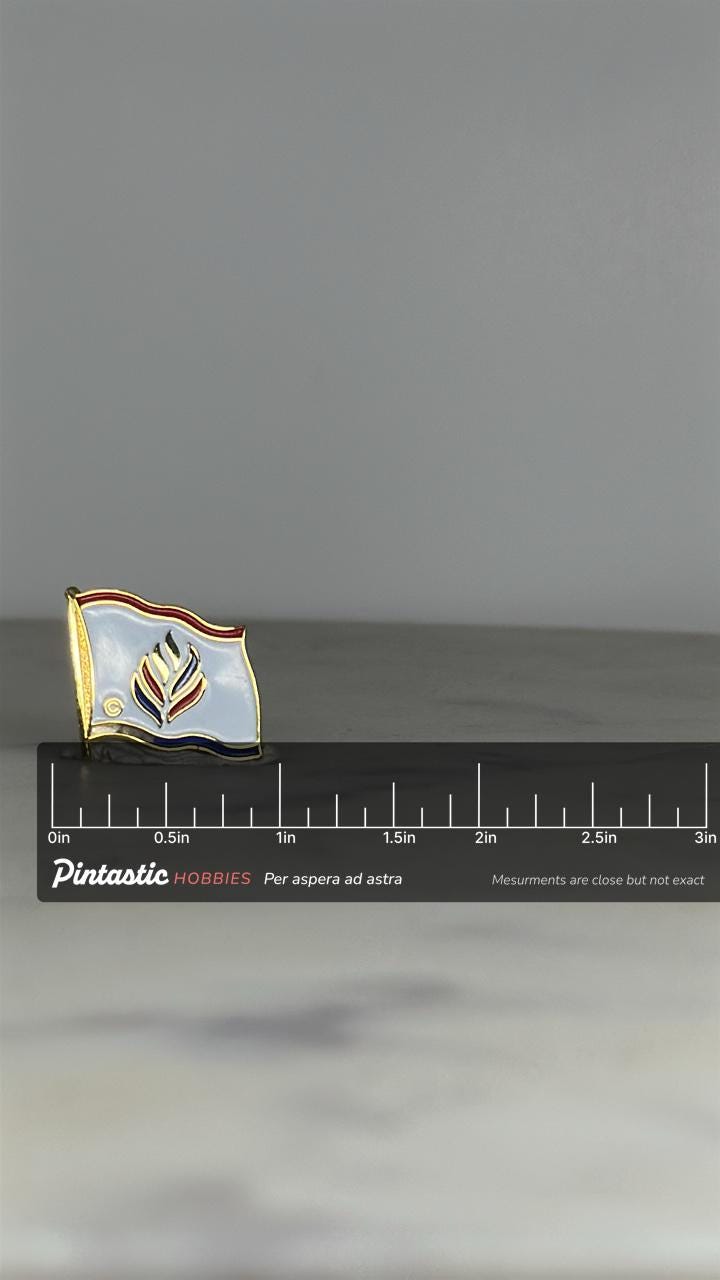 GWI Corporation Flame Flag Pin – Red White Blue Enamel Lapel with ruler overlay for size reference