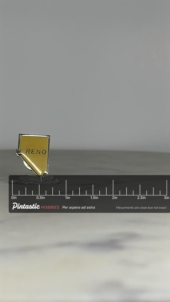 Reno Nevada State Pin: Yellow Enamel - Vintage Souvenir Accessory with ruler overlay for size reference