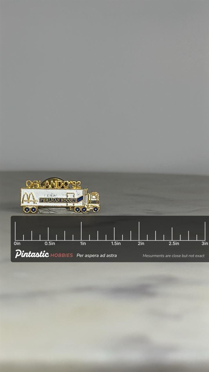 Orlando '92 Truck Enamel Pin: Gold White Blue - Vintage Company Accessory with ruler overlay for size reference