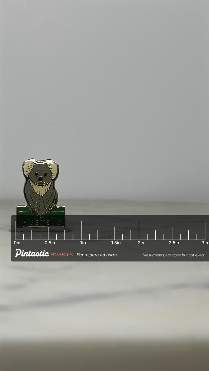 Koala Australia Lapel Pin: Green Gold Enamel - Souvenir Travel Accessory with ruler overlay for size reference