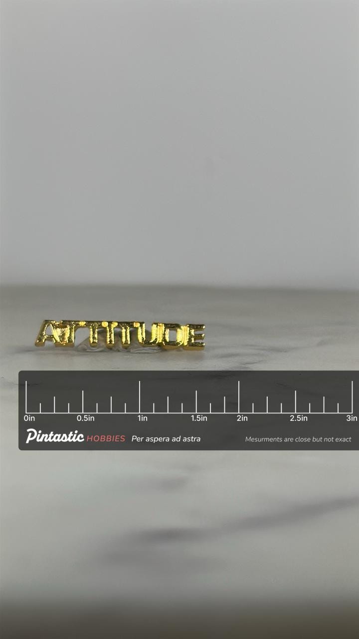 Attitude Word Pin: Gold Tone Text - Retro Statement Accessory with ruler overlay for size reference