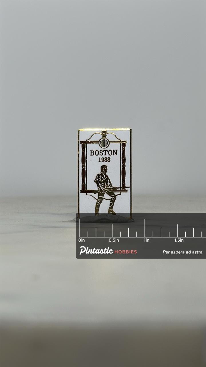 1988 Boston NRA Pin: Colonial Rifleman – Vintage NRA Collectible with ruler overlay for size reference