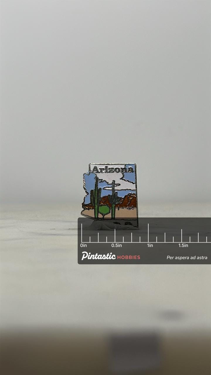 Arizona State Souvenir Pin: Enamel Map Design - Vintage Travel Accessory with ruler overlay for size reference
