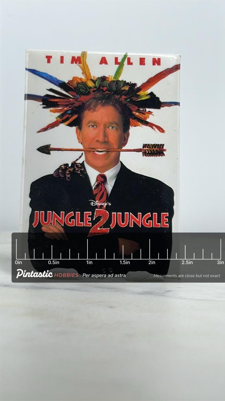 Jungle 2 Jungle Enamel Pin: Glossy Full-Color - 90s Movie Accessory with ruler overlay for size reference