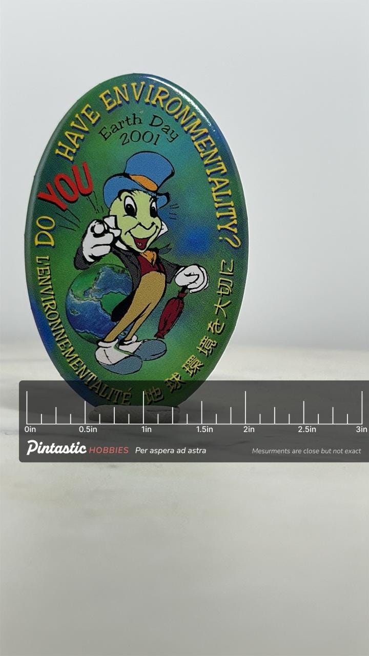 Jiminy Cricket Earth Day Pin: Multicolor Enamel - 2001 Disney Collectible with ruler overlay for size reference