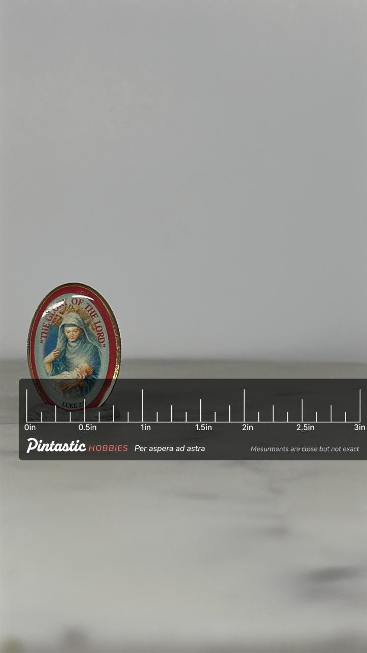 Nativity Religious Pin: Oval Epoxy Finish - Vintage Faith Accessory with ruler overlay for size reference