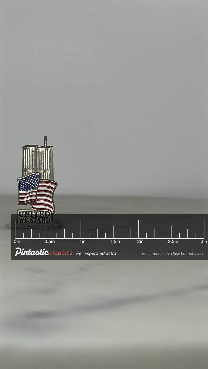 Twin Towers Enamel Pin: Silver Red White Blue - Patriotic Memorial Accessory with ruler overlay for size reference
