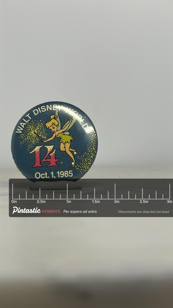 Tinker Bell Disney Pin: 14th Anniversary Blue - 1985 Souvenir Accessory with ruler overlay for size reference