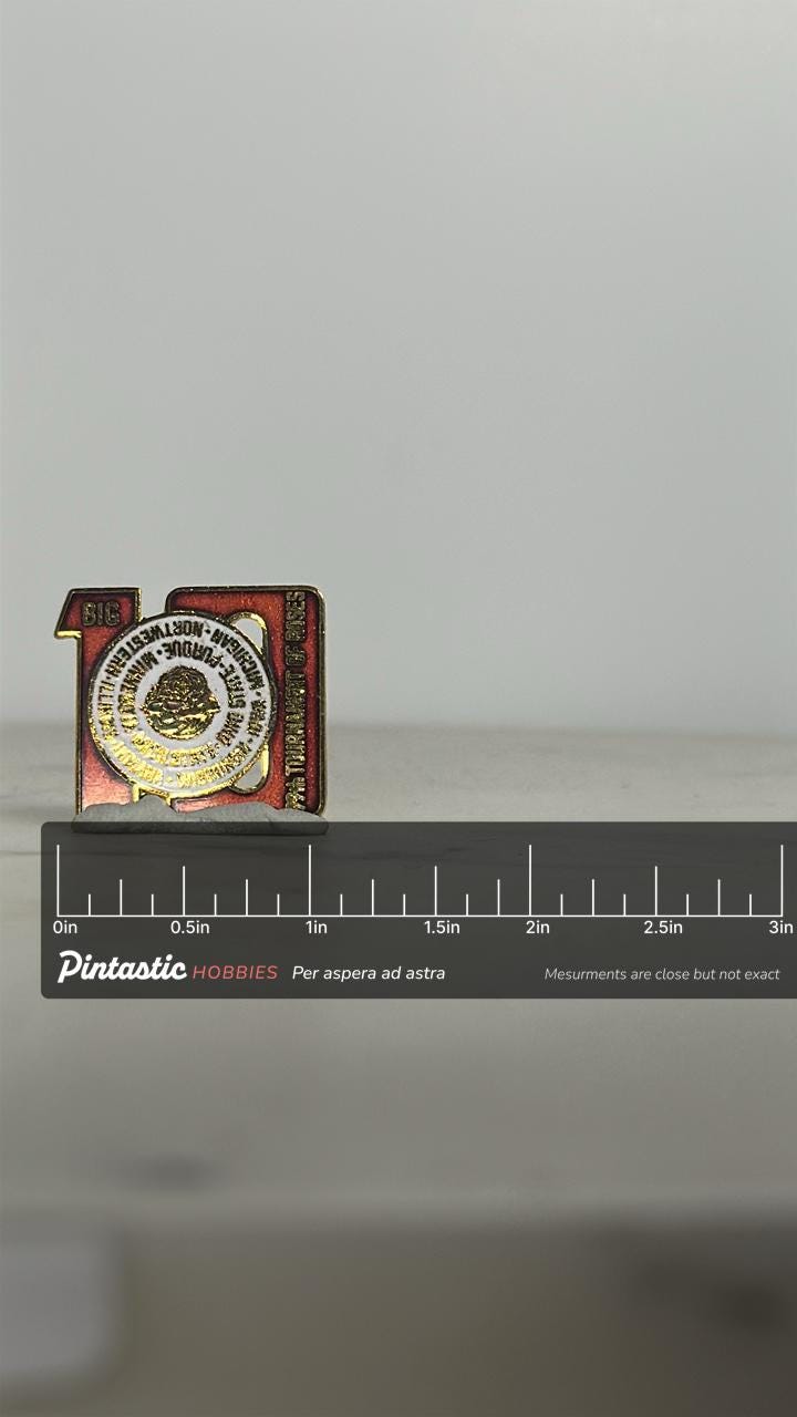 Big Ten Rose Bowl Pin: Red Enamel & Gold Tone - Vintage Sports Accessory with ruler overlay for size reference