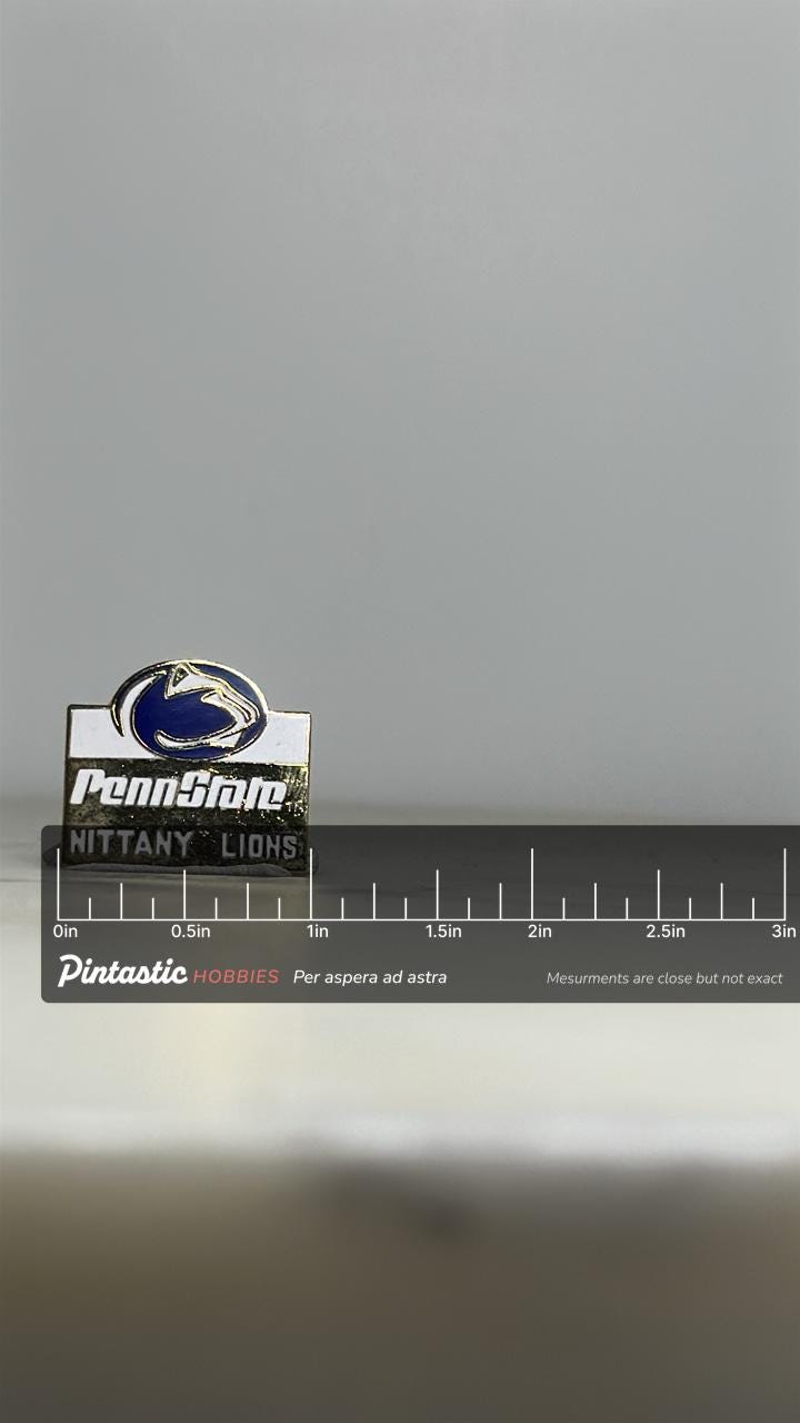 Penn State Nittany Lions Enamel Pin: Blue White Gold - Vintage Sports Accessory with ruler overlay for size reference