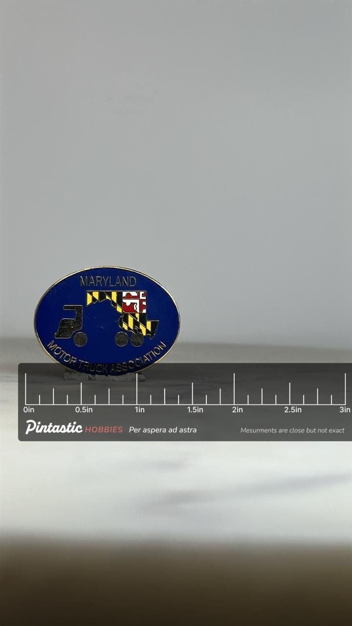 Maryland Motor Truck Association Pin: Blue Enamel Oval - Vintage Transportation Accessory with ruler overlay for size referen
