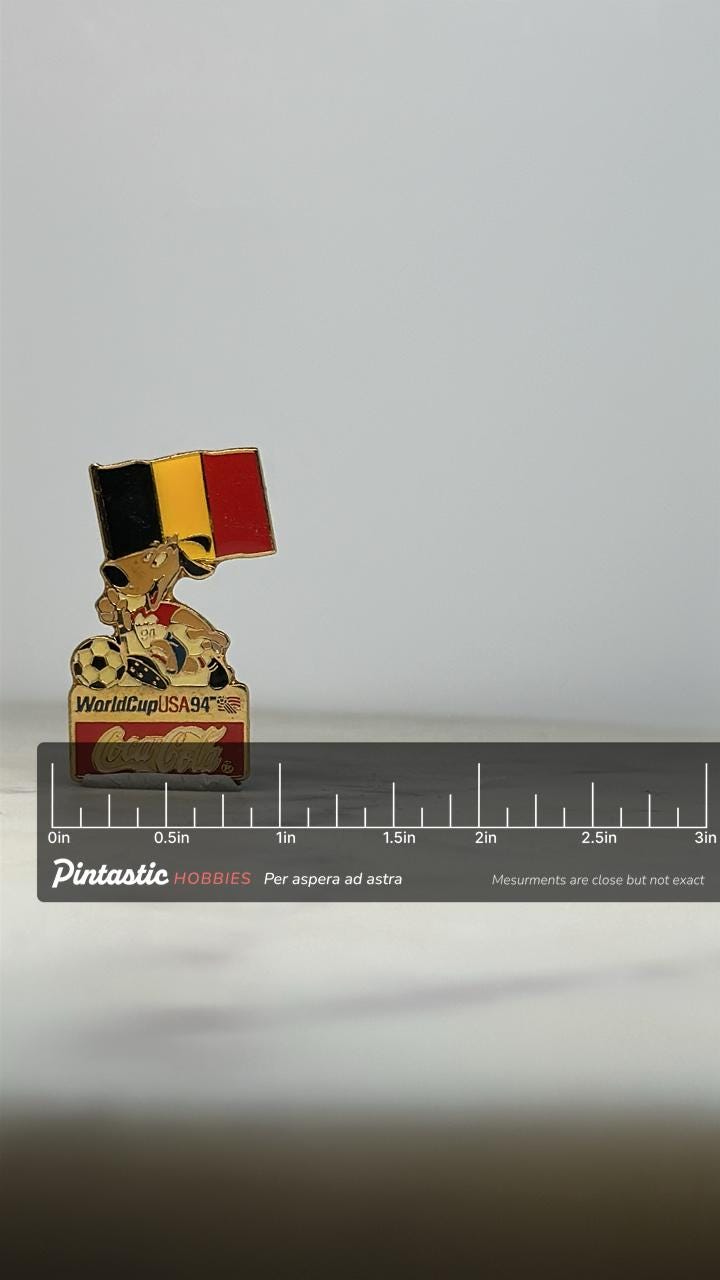 Belgium World Cup Enamel Pin: Red/Yellow/Black Flag - 1994 Sports Accessory with ruler overlay for size reference