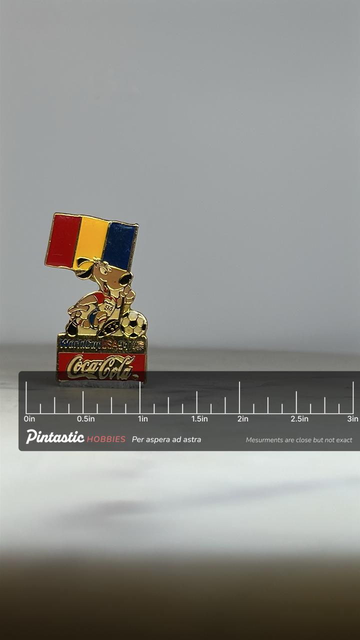 World Cup USA 94 Romania Pin: Gold Enamel Finish - Vintage Sports Accessory with ruler overlay for size reference