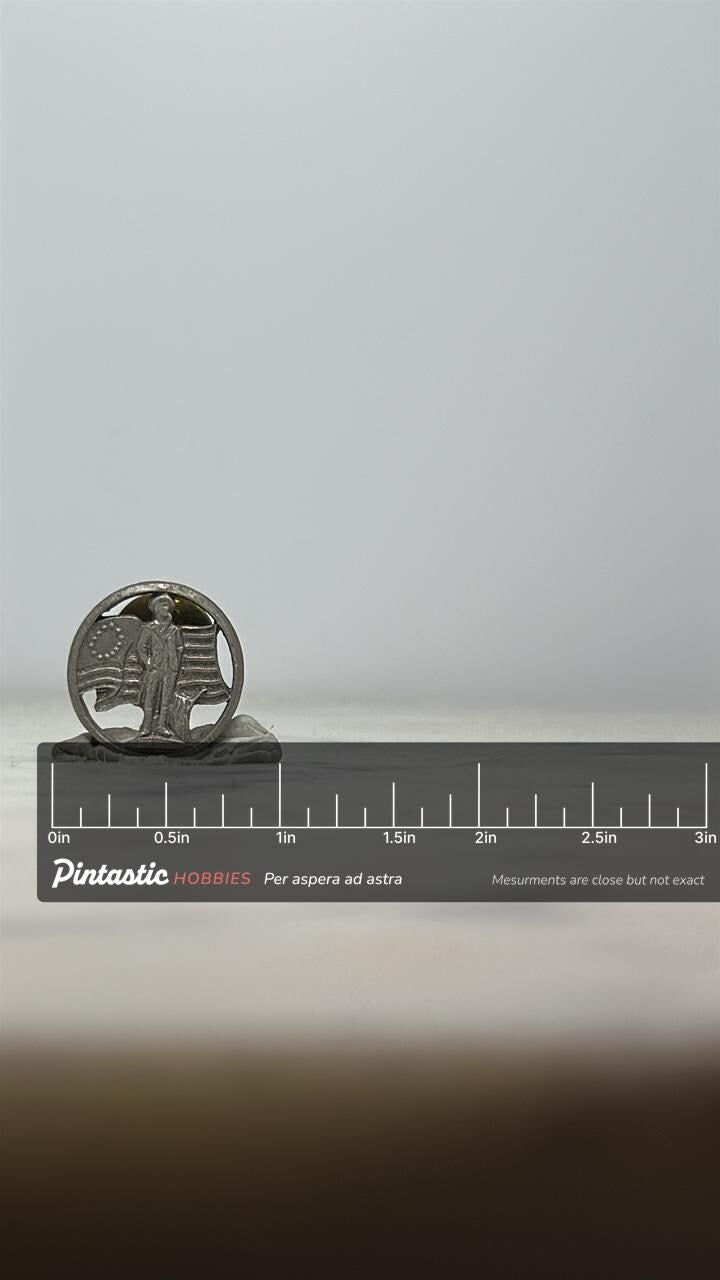 Patriot Figure Enamel Pin: Silver Tone Metal - Vintage Americana Accessory with ruler overlay for size reference
