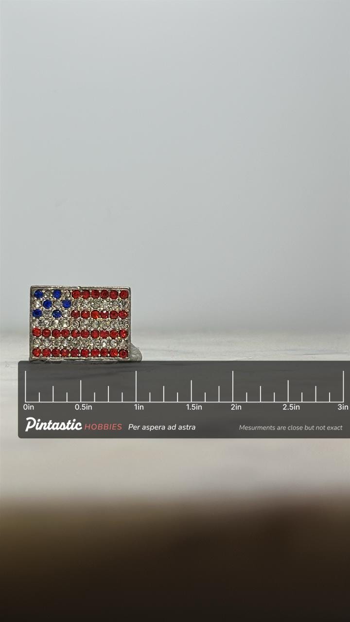 Rhinestone American Flag Pin – Red White Blue Crystal Patriotic Lapel with ruler overlay for size reference