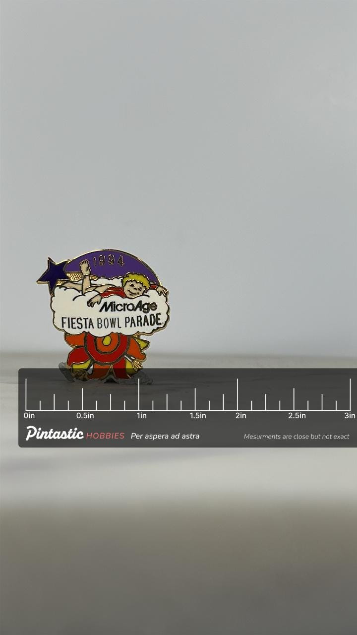 Fiesta Bowl Parade Enamel Pin: Colorful MicroAge Design - 1994 Souvenir Accessory with ruler overlay for size reference