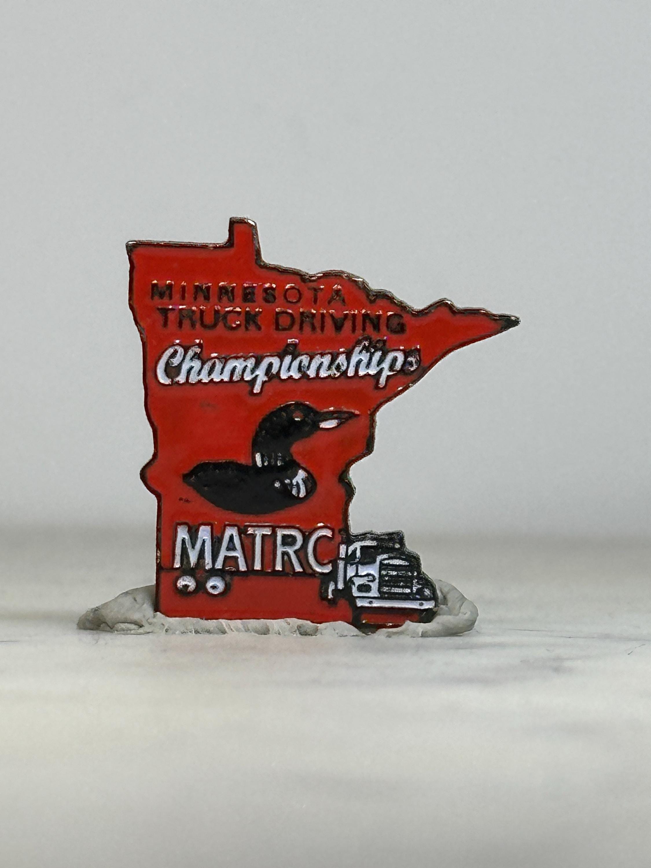 Minnesota Truck Driving Championship Pin: Red Enamel State Shape - Vintage Accessory