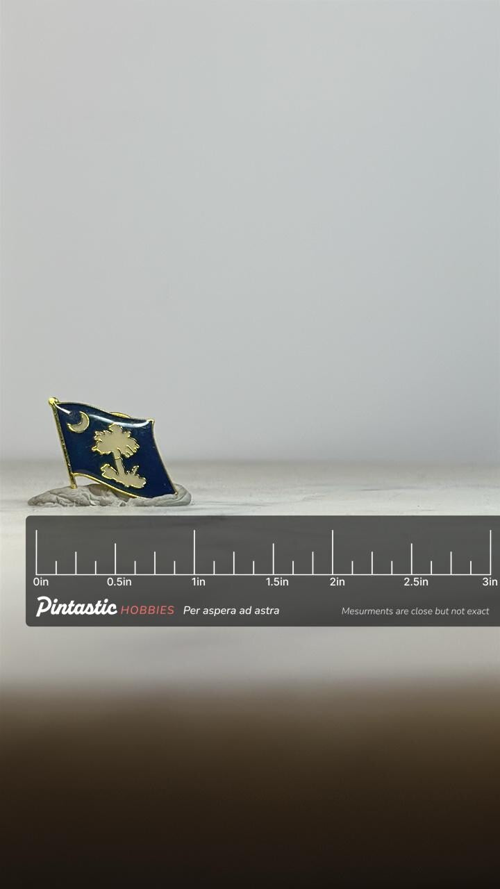 South Carolina Flag Enamel Pin: Gold & Navy Finish - State Pride Accessory with ruler overlay for size reference