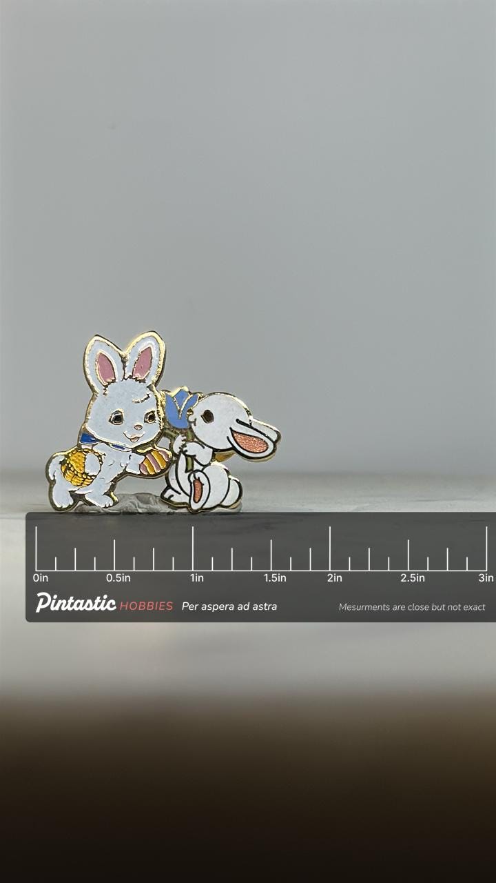 Easter Bunny Enamel 2  Pin Set: Pastel White & Gold - Vintage Style Accessory with ruler overlay for size reference