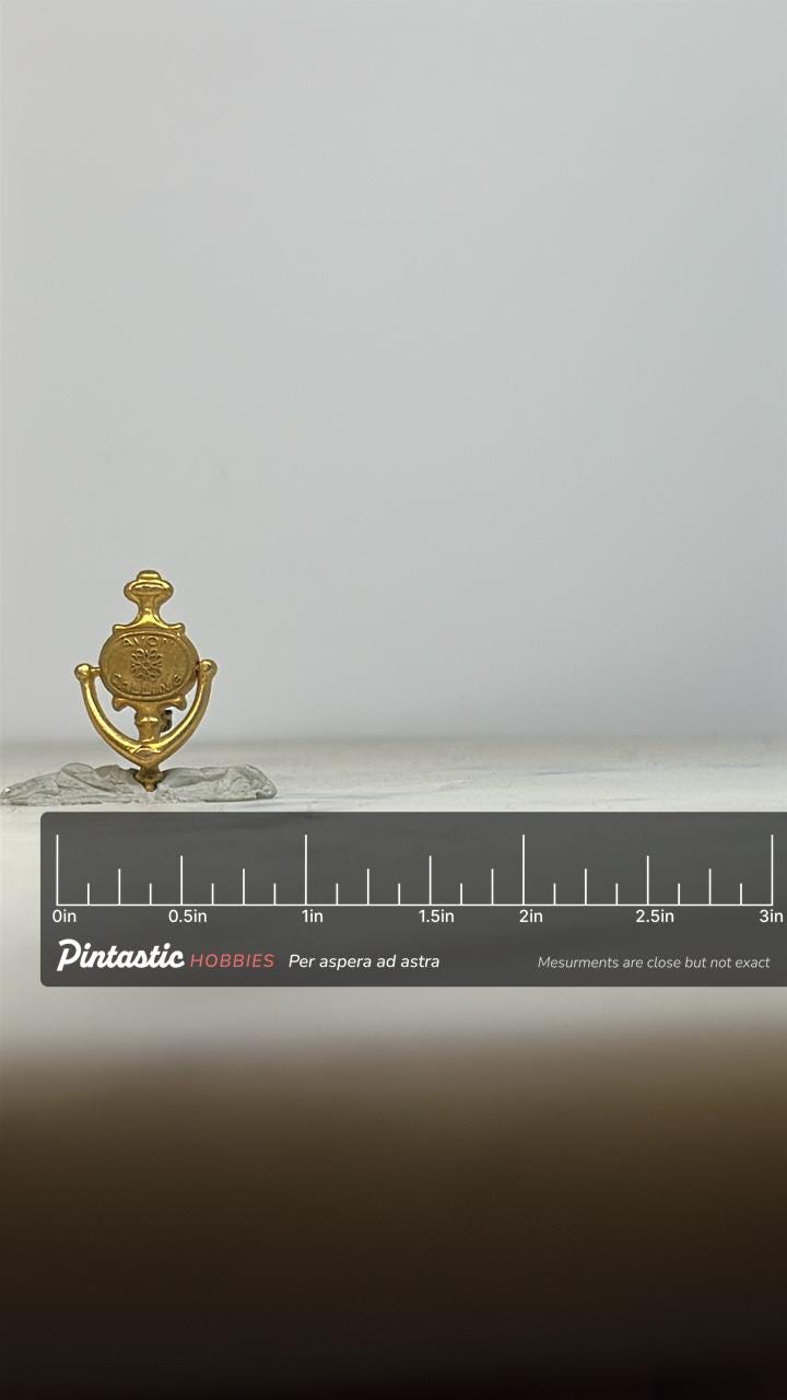 Avon Calling Door Knocker Pin: Gold Tone Finish - Vintage 1980s Accessory with ruler overlay for size reference