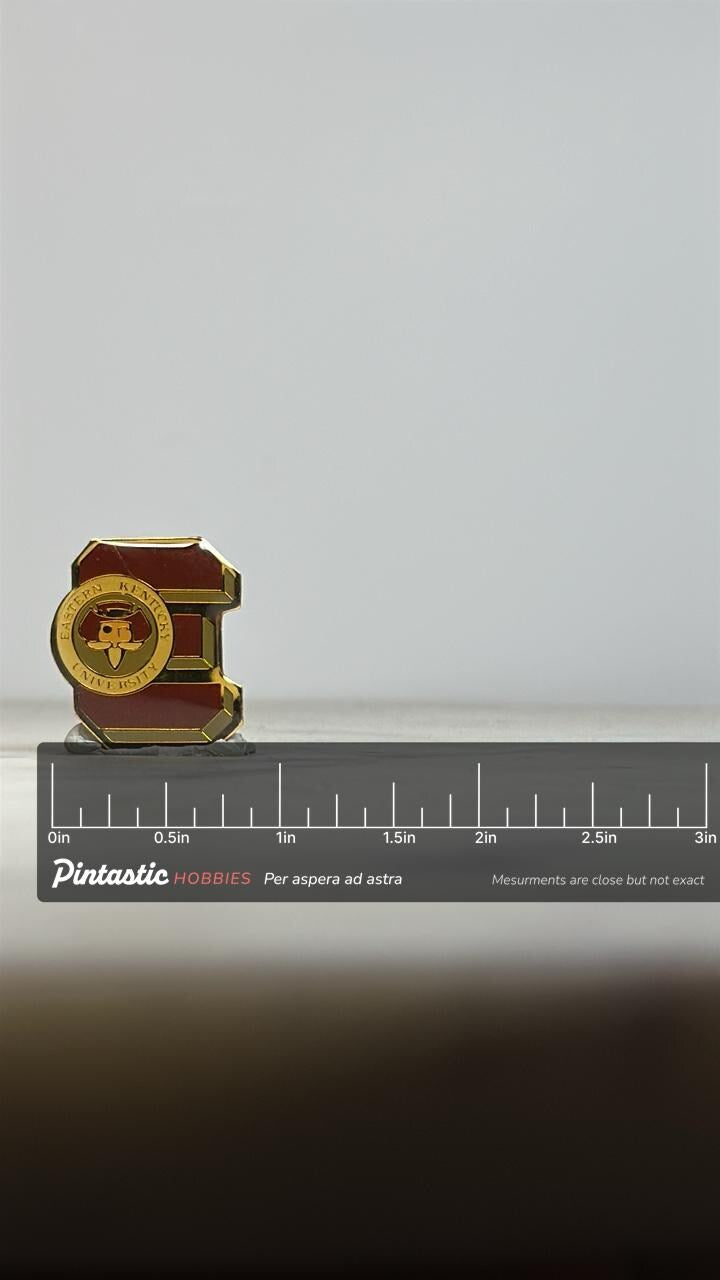 Eastern Kentucky University Pin: Gold & Maroon Enamel - Vintage College Accessory with ruler overlay for size reference