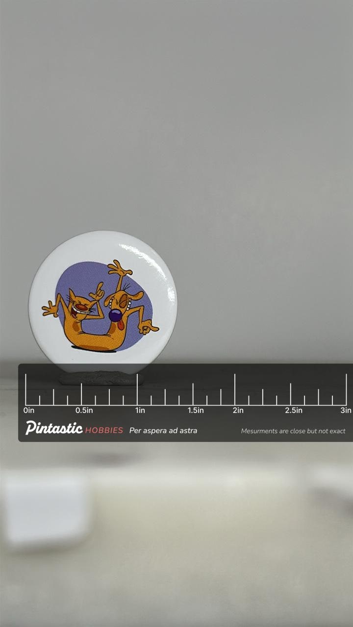 Vintage CatDog Enamel Pin: Glossy White Finish - 90s Cartoon Accessory with ruler overlay for size reference