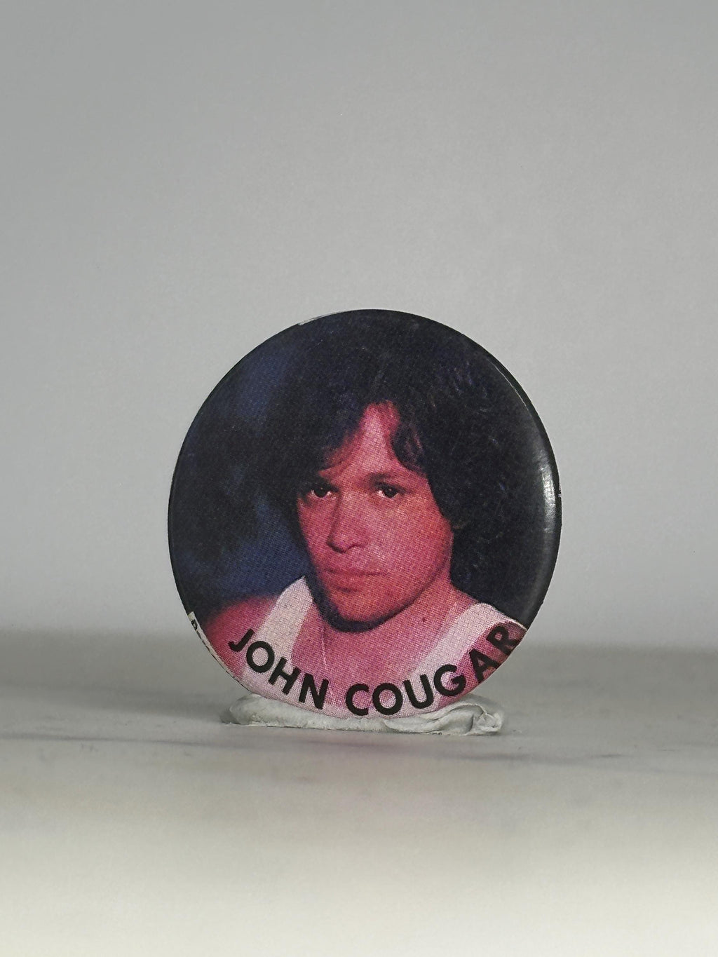 John Cougar Button Pin: Glossy Photo Finish - 1980s Rock Accessory