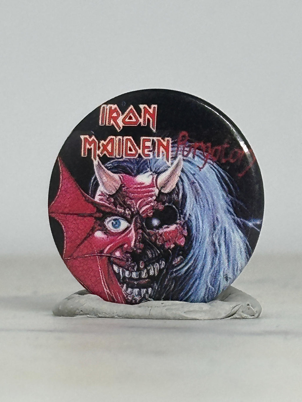 Iron Maiden Button Pin: Split Face Design - Vintage Metalhead Accessory