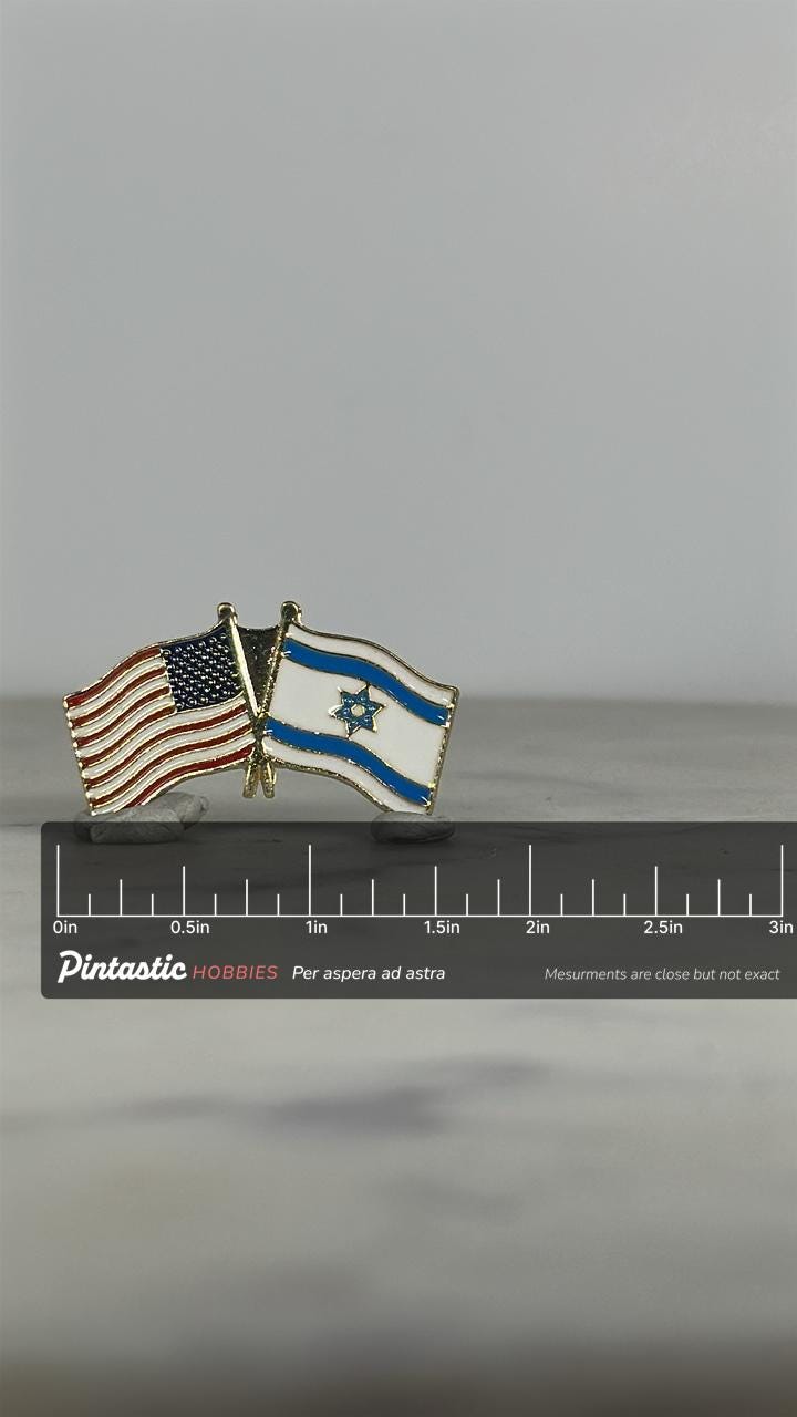 USA & Israel Flag Pin: Gold-Tone Enamel - Diplomatic Souvenir Accessory with ruler overlay for size reference