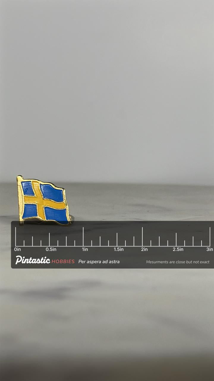 Sweden Flag Enamel Pin: Gold Trim Blue & Yellow - Patriotic Accessory with ruler overlay for size reference