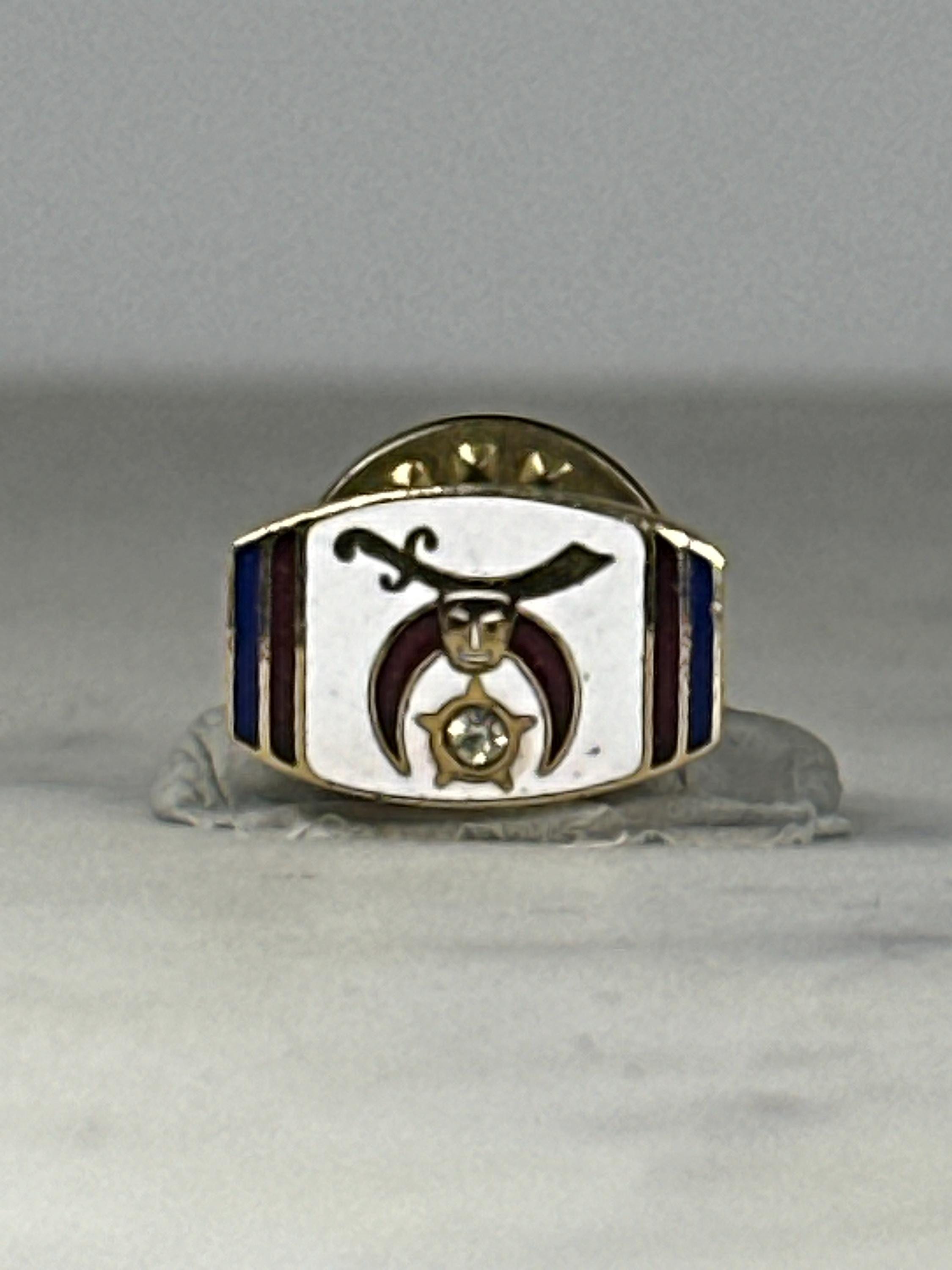 Shriners Enamel Lapel Pin: Gold & White with Jewel - Fraternal Accessory