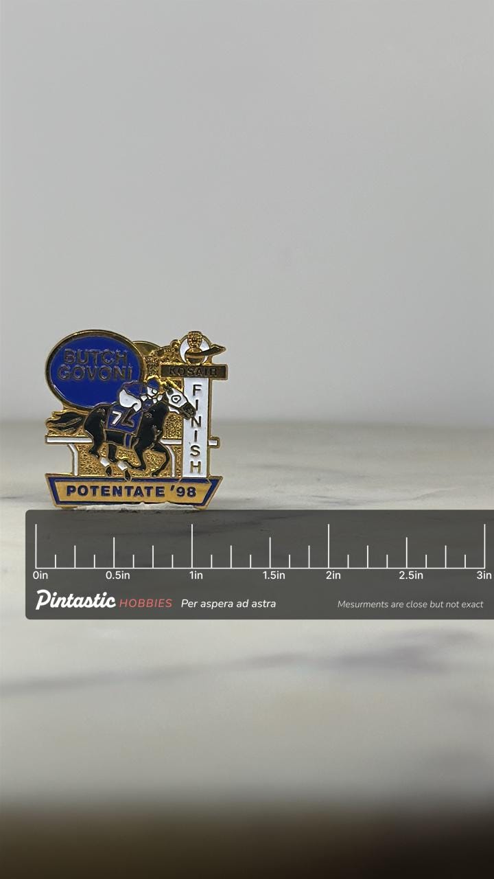 1998 Kosair Shriners Pin – Butch Govoni Potentate Horse Racing Enamel Badge with ruler overlay for size reference