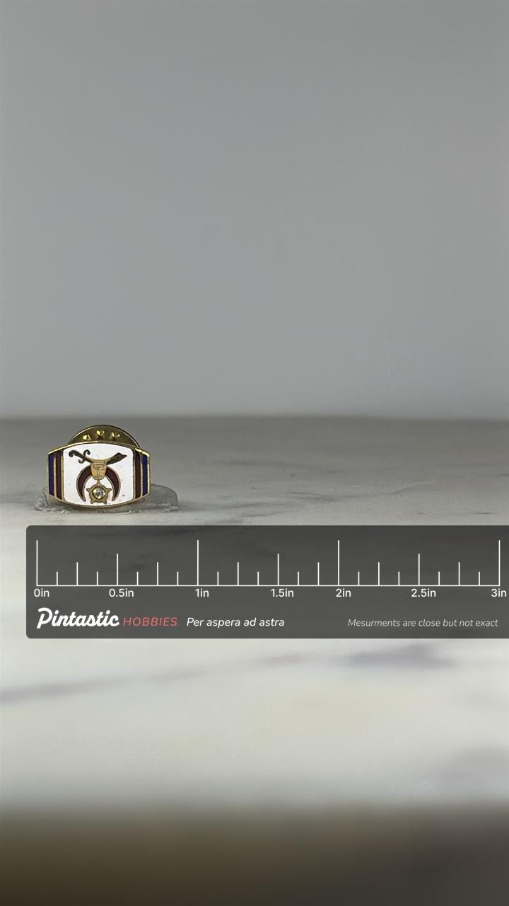 Shriners Enamel Lapel Pin: Gold & White with Jewel - Fraternal Accessory with ruler overlay for size reference