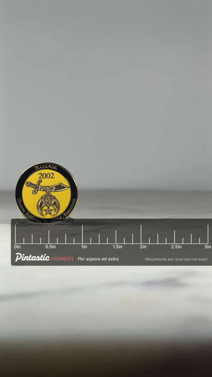 Hamasa Shrine Collectible Pin: Yellow Gold Emblem - 2002 Fraternal Accessory with ruler overlay for size reference