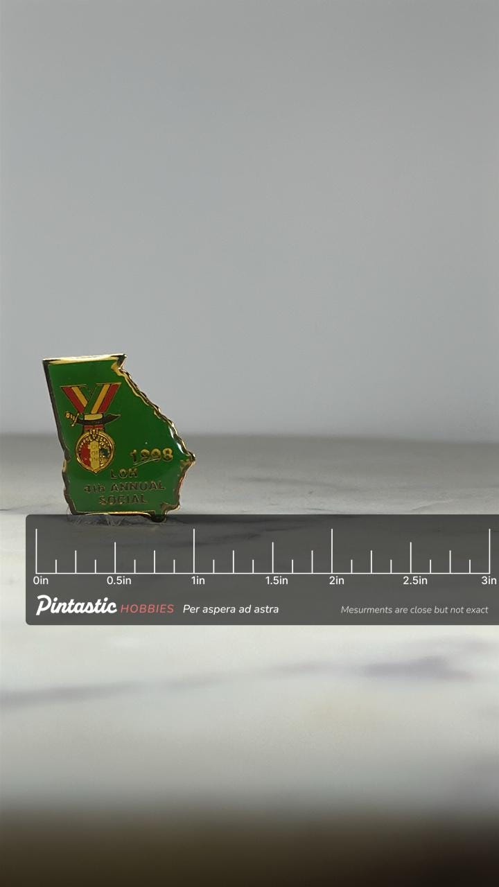 Shriners Georgia LOH Enamel Pin: Green Gold Design - 1998 Fraternal Accessory with ruler overlay for size reference