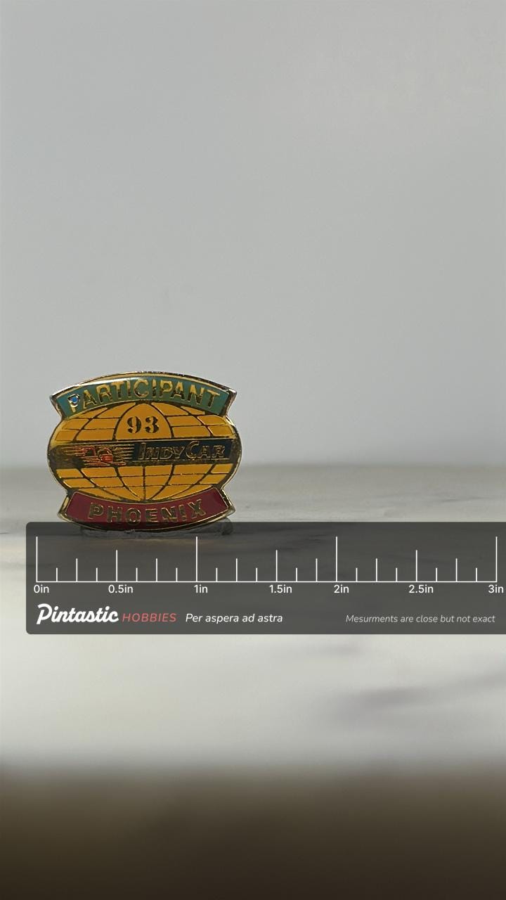 IndyCar Participant Pin: Yellow Enamel - 1993 Racing Accessory with ruler overlay for size reference