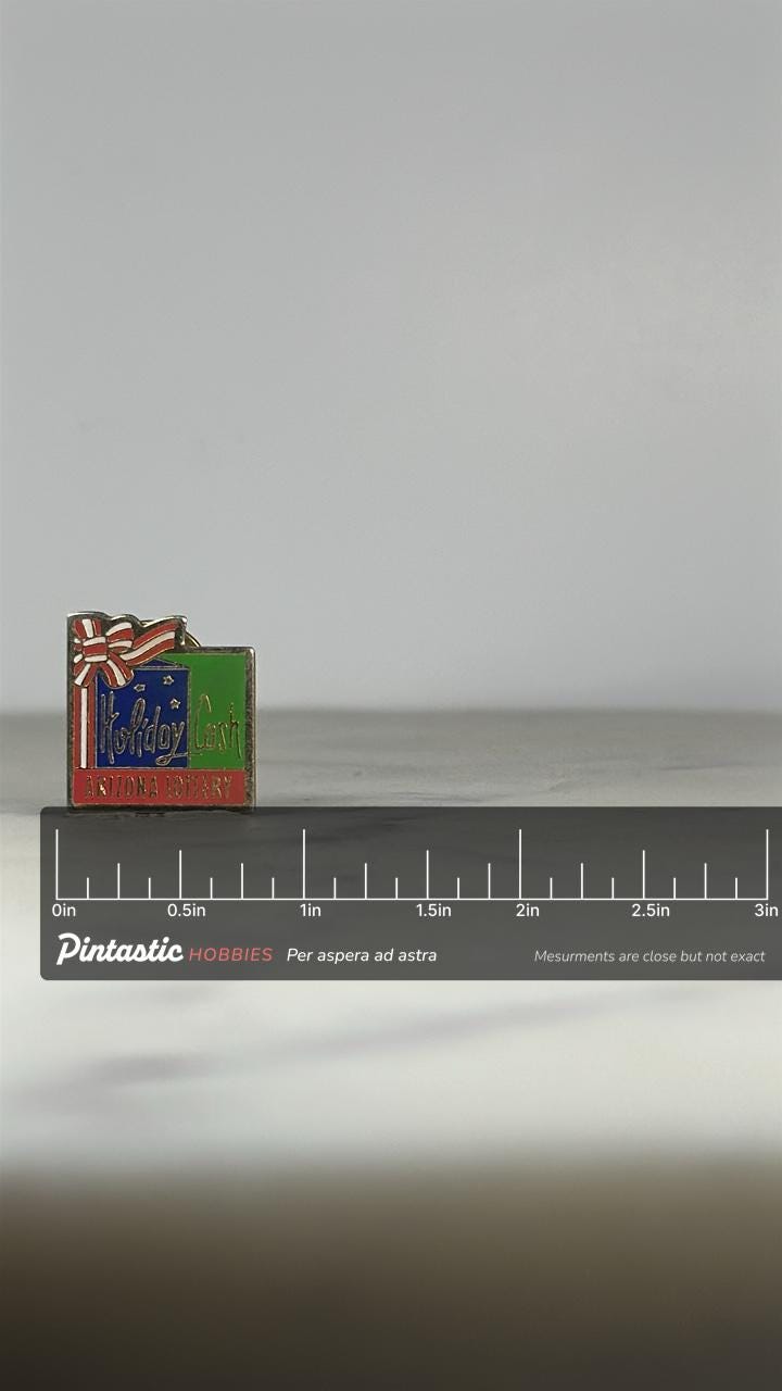 Arizona Lottery Holiday Cash Pin: Red Green Gold Enamel - 1990s Promo Accessory with ruler overlay for size reference
