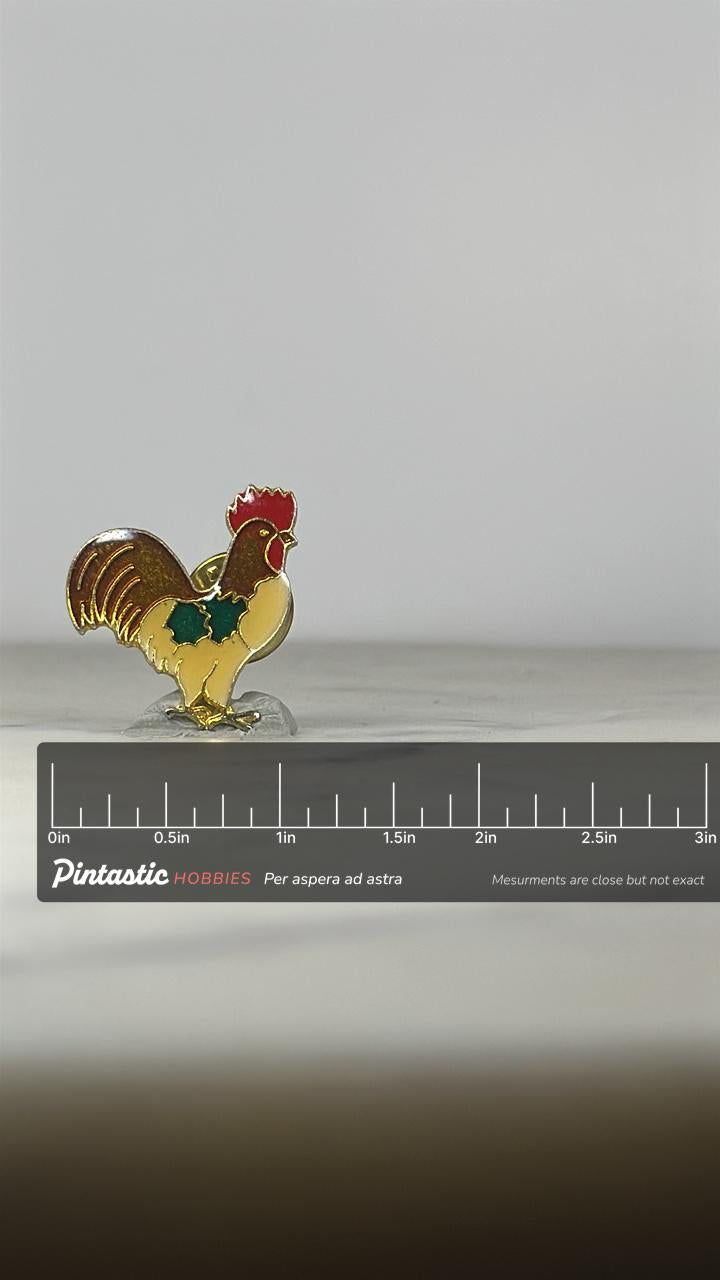 Rooster Enamel Pin: Gold Tone Multicolor - Farm Animal Accessory with ruler overlay for size reference
