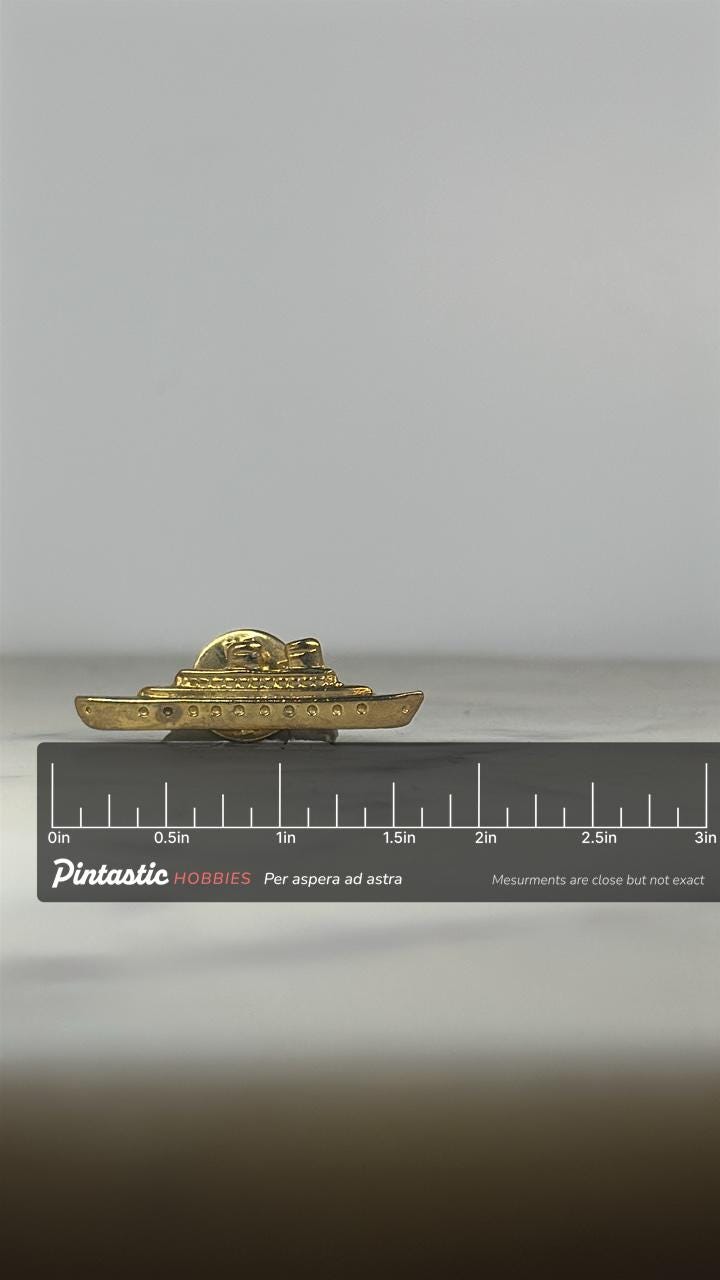 Battleship Enamel Pin: Gold Tone Metal - Nautical Vintage Accessory with ruler overlay for size reference