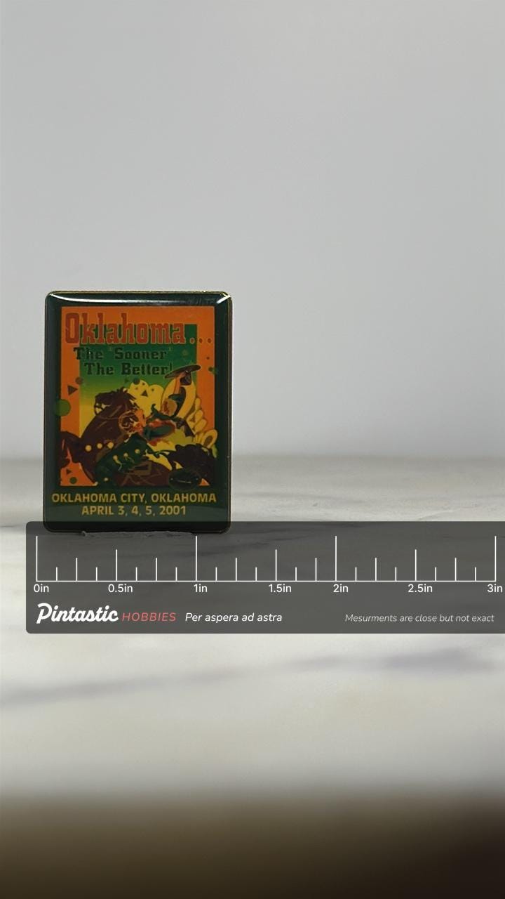 Oklahoma City Souvenir Pin: Multicolor Enamel - 2001 Event Accessory with ruler overlay for size reference