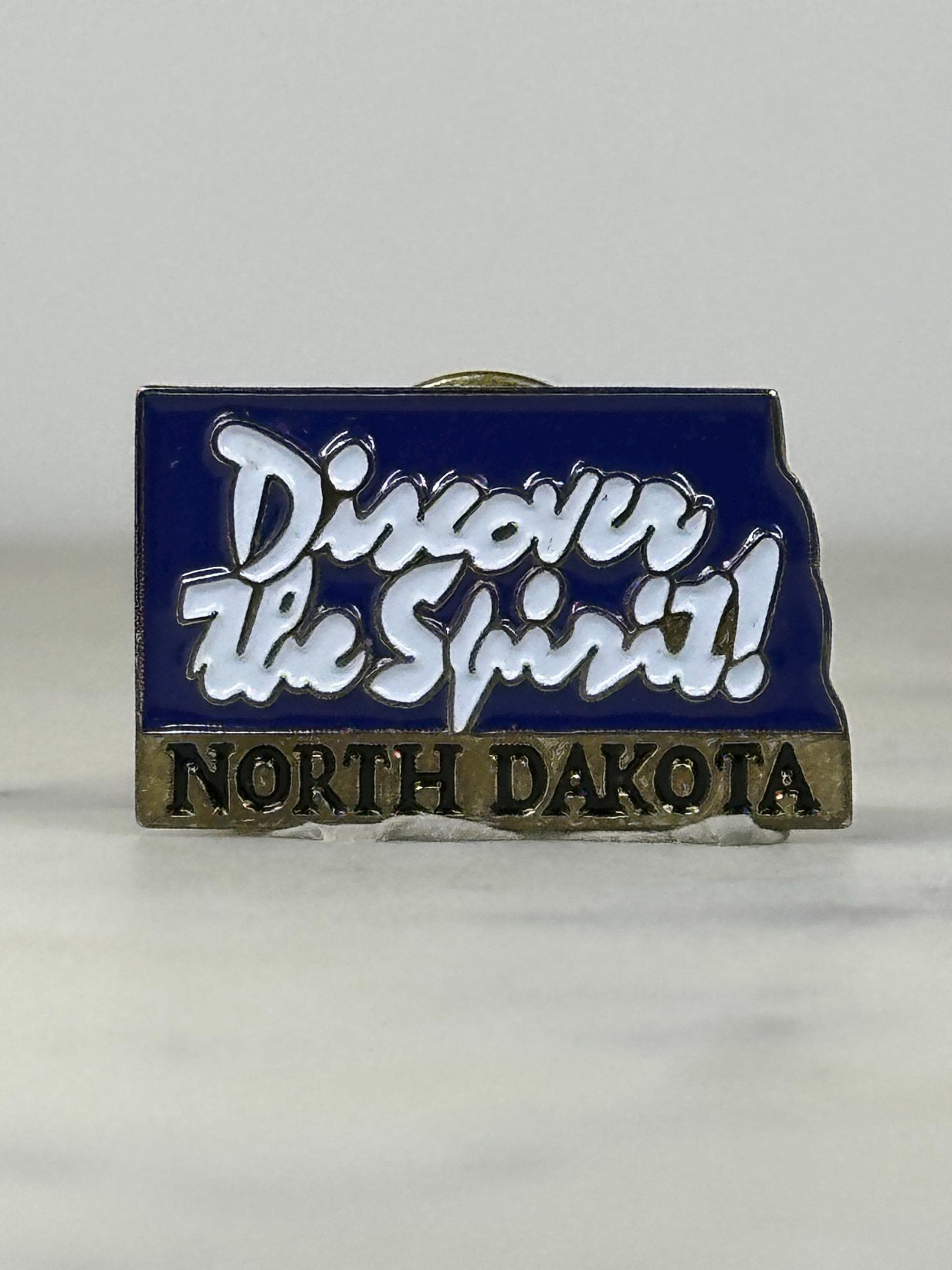 North Dakota State Pin: Blue Enamel Brass Finish - Vintage Travel Accessory
