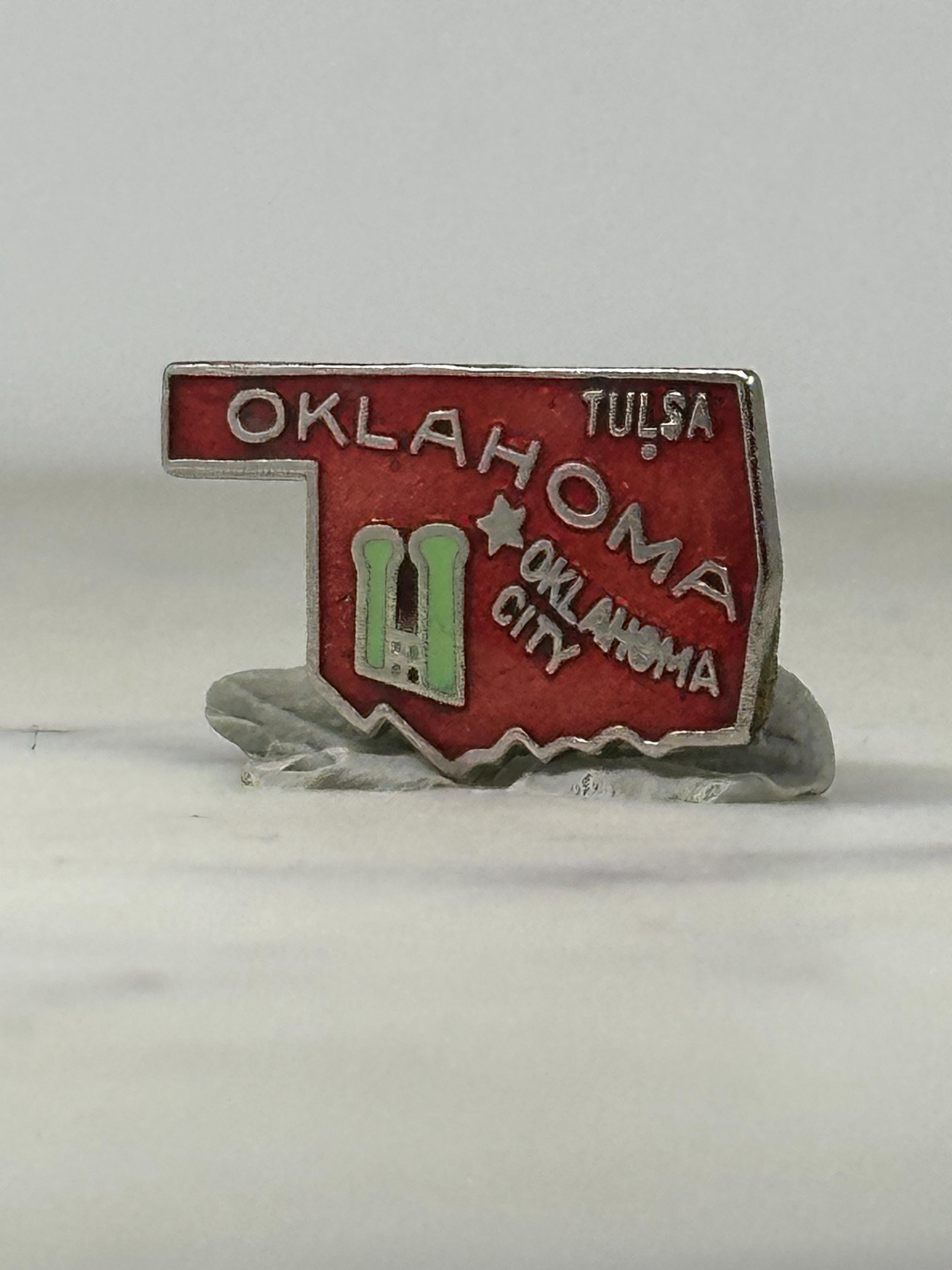 Oklahoma Souvenir Enamel Pin: Red Map Design - Vintage Travel Accessory
