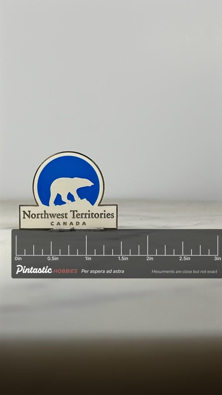 Northwest Territories Canada Pin: Polar Bear Blue White Enamel - Vintage Travel Accessory with ruler overlay for size referen