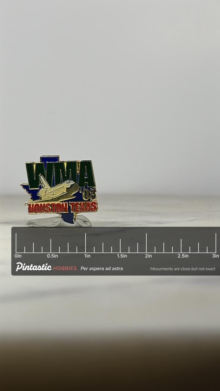 Houston Texas WMA Pin: Gold Shuttle Design - 2008 Space Accessory with ruler overlay for size reference