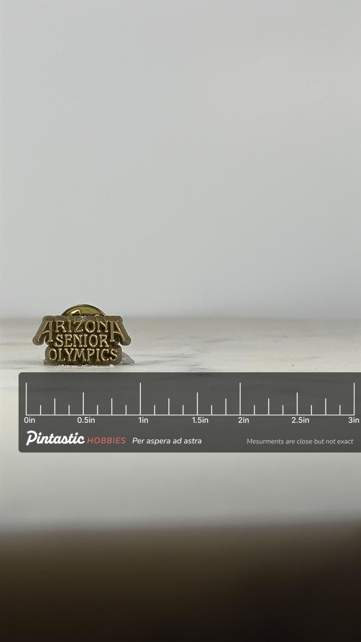 Arizona Senior Olympics Pin: Antique Gold Tone - Sports Memorabilia Accessory with ruler overlay for size reference