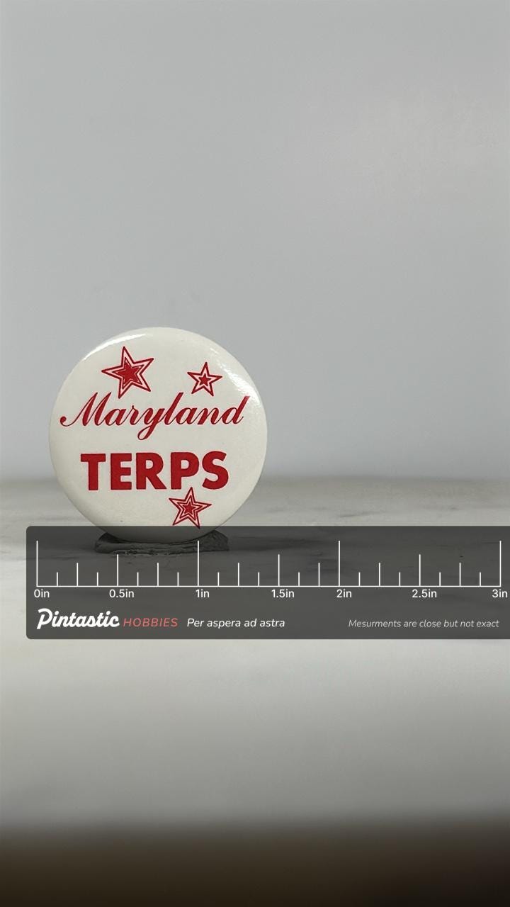 Maryland Terps Button Pin: Red & White Retro - College Spirit Accessory with ruler overlay for size reference