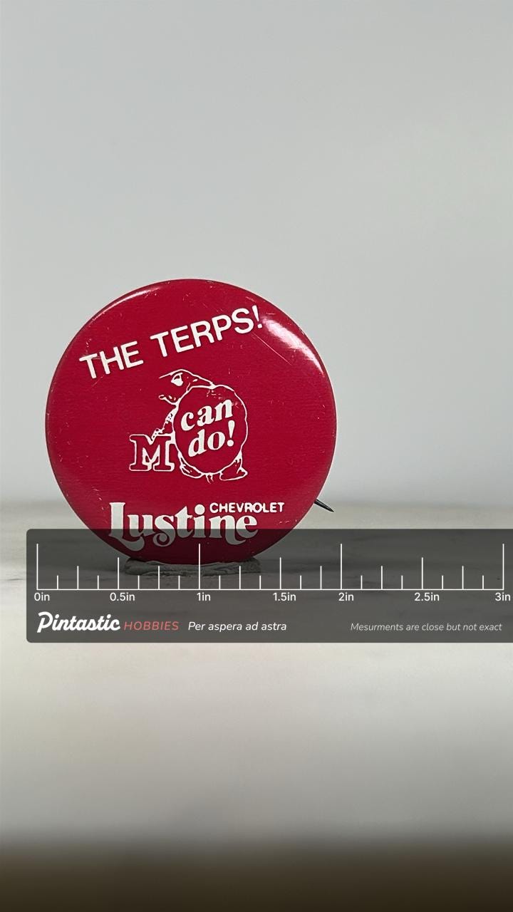 Maryland Terps Button Pin: Red White Graphic - Vintage College Accessory with ruler overlay for size reference