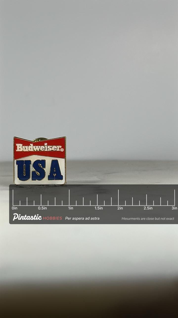 Budweiser USA Enamel Pin: Red White Blue Finish - Vintage Patriotic Accessory with ruler overlay for size reference